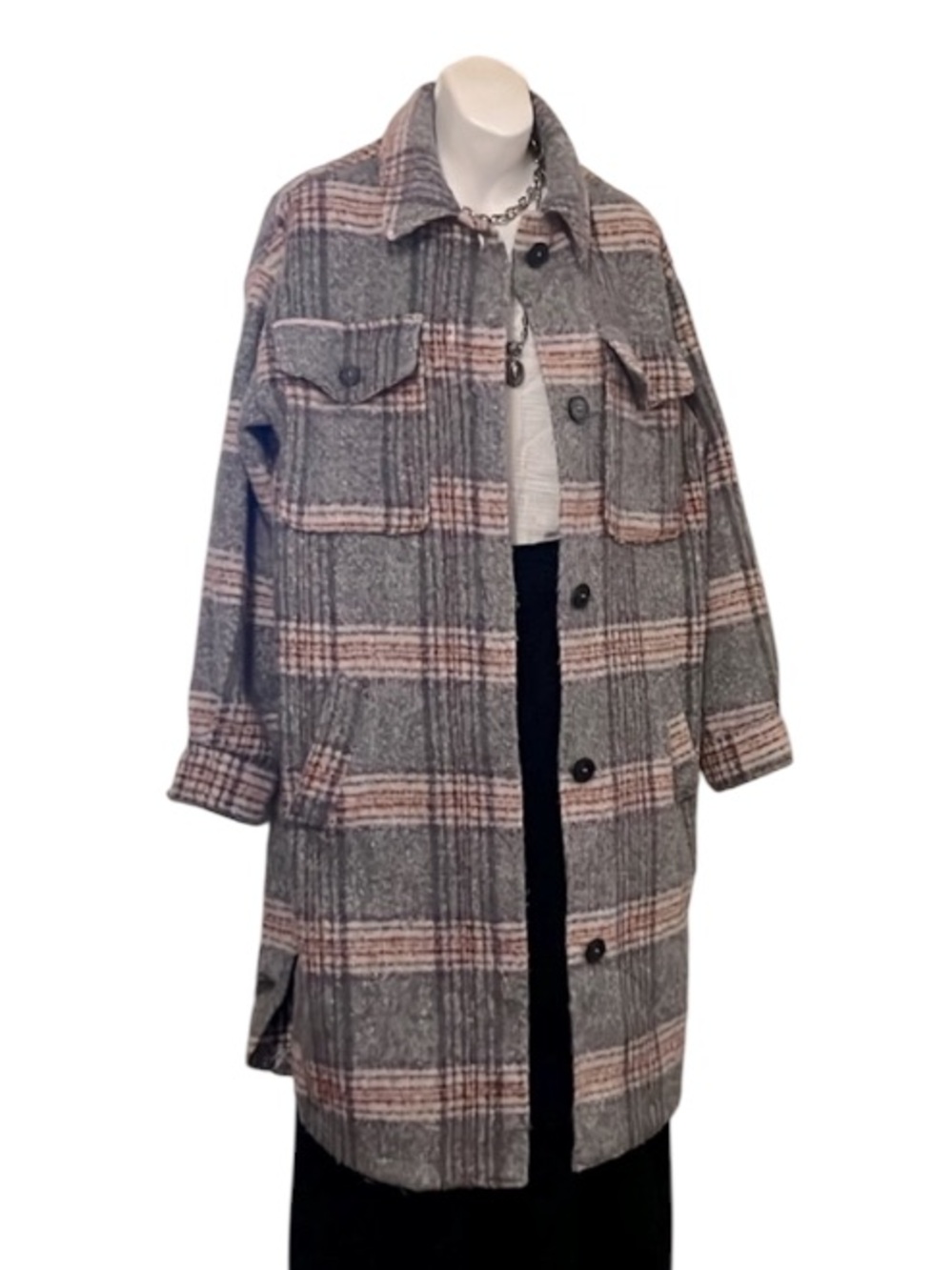 Long Knee Length Grey & Rust Plaid Trench Shacket Lightweight Jacket Sz S